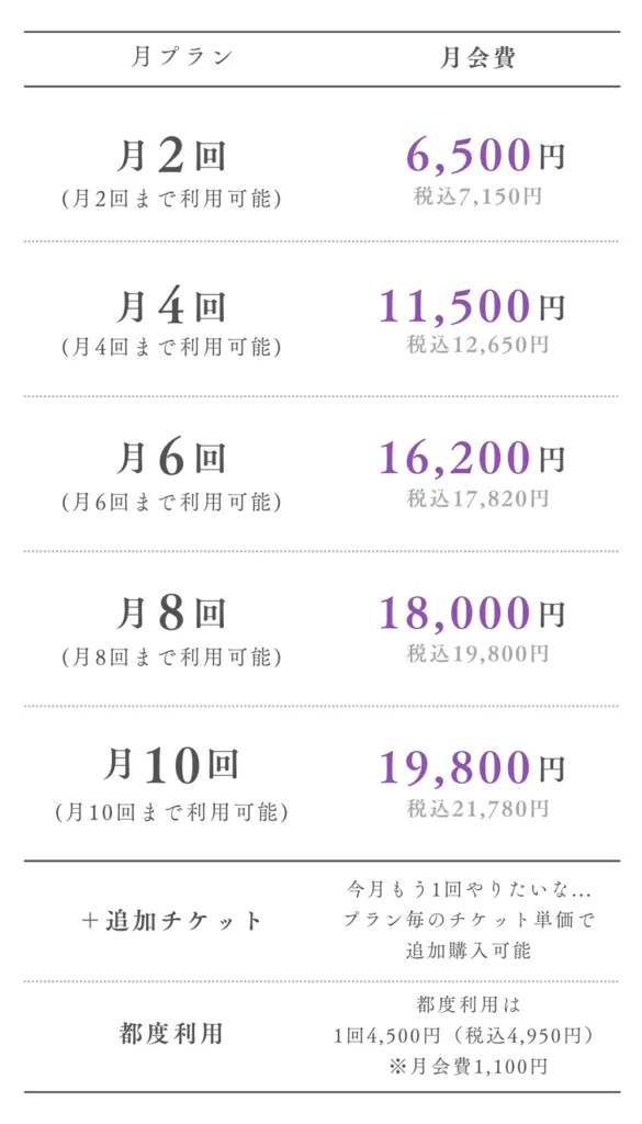 料金表（月2回6,500円〜月10回19,800円）